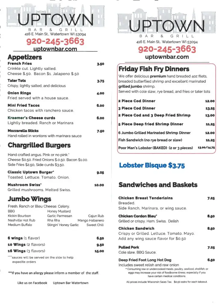 Uptown Friday Menu